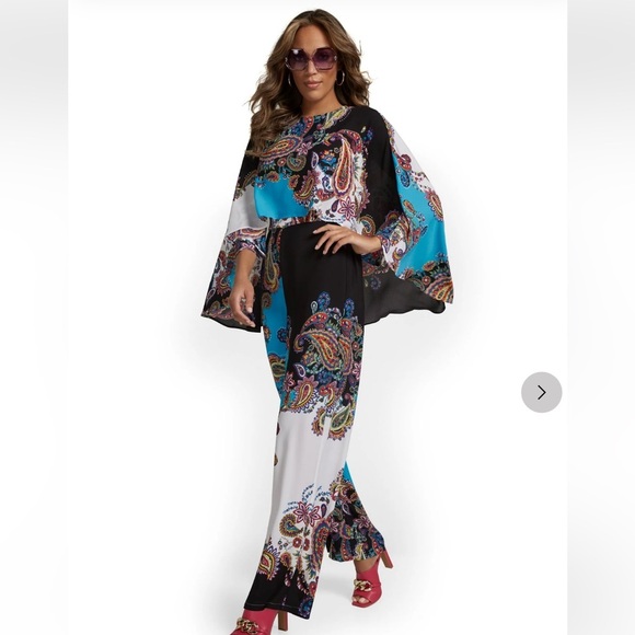 New York & Company Pants - NWT New York & Company Printed Colorful Wide-Leg Caped Jumpsuit Size Large New